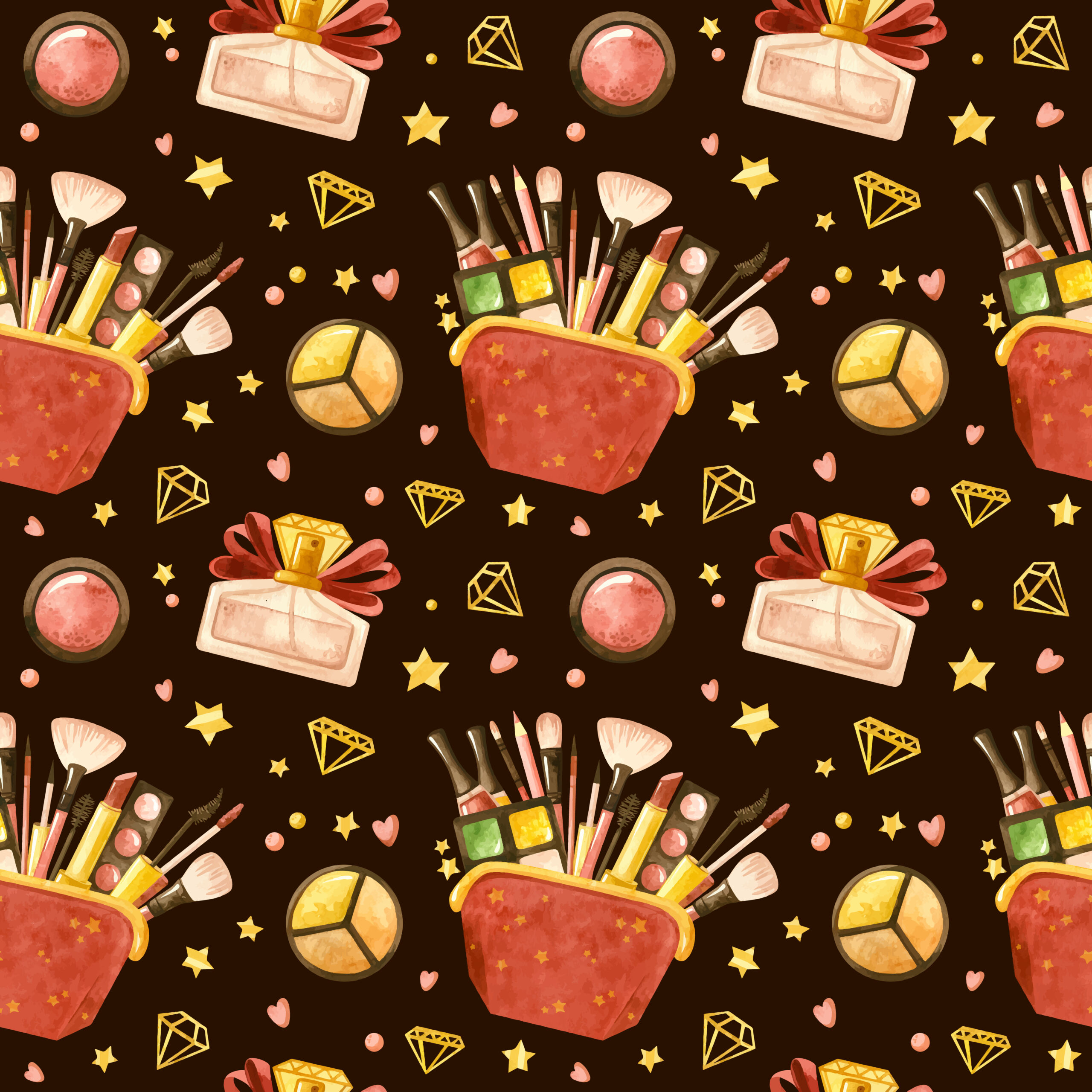 Seamless patterns with a red cosmetic bag, cosmetic products and perfumery. Makeup and self-care. Fashionable watercolor illustration. Template for postcards, business cards, posters, banners.