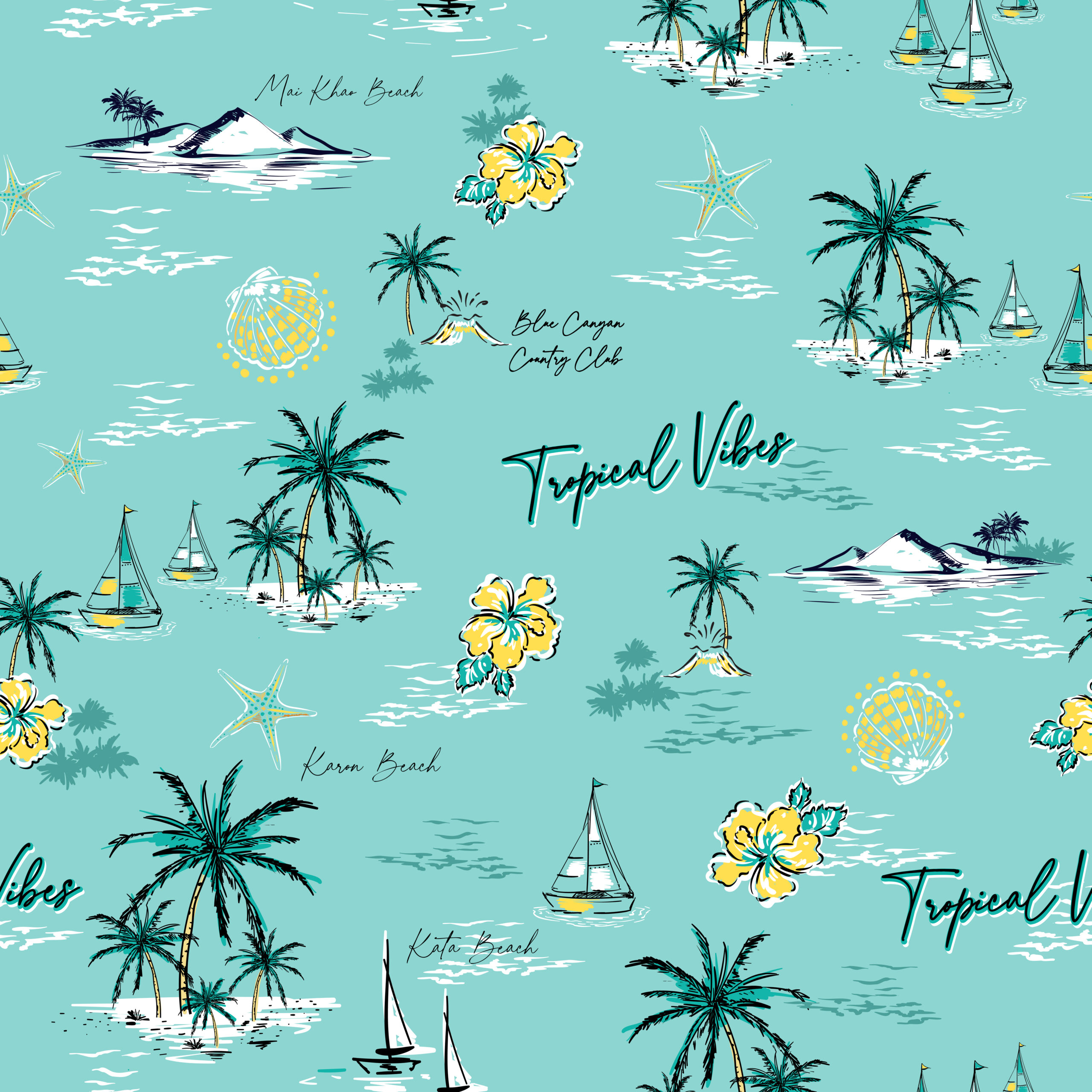Tropical Summer Island in Phuket Thailand seamless pattern vecto