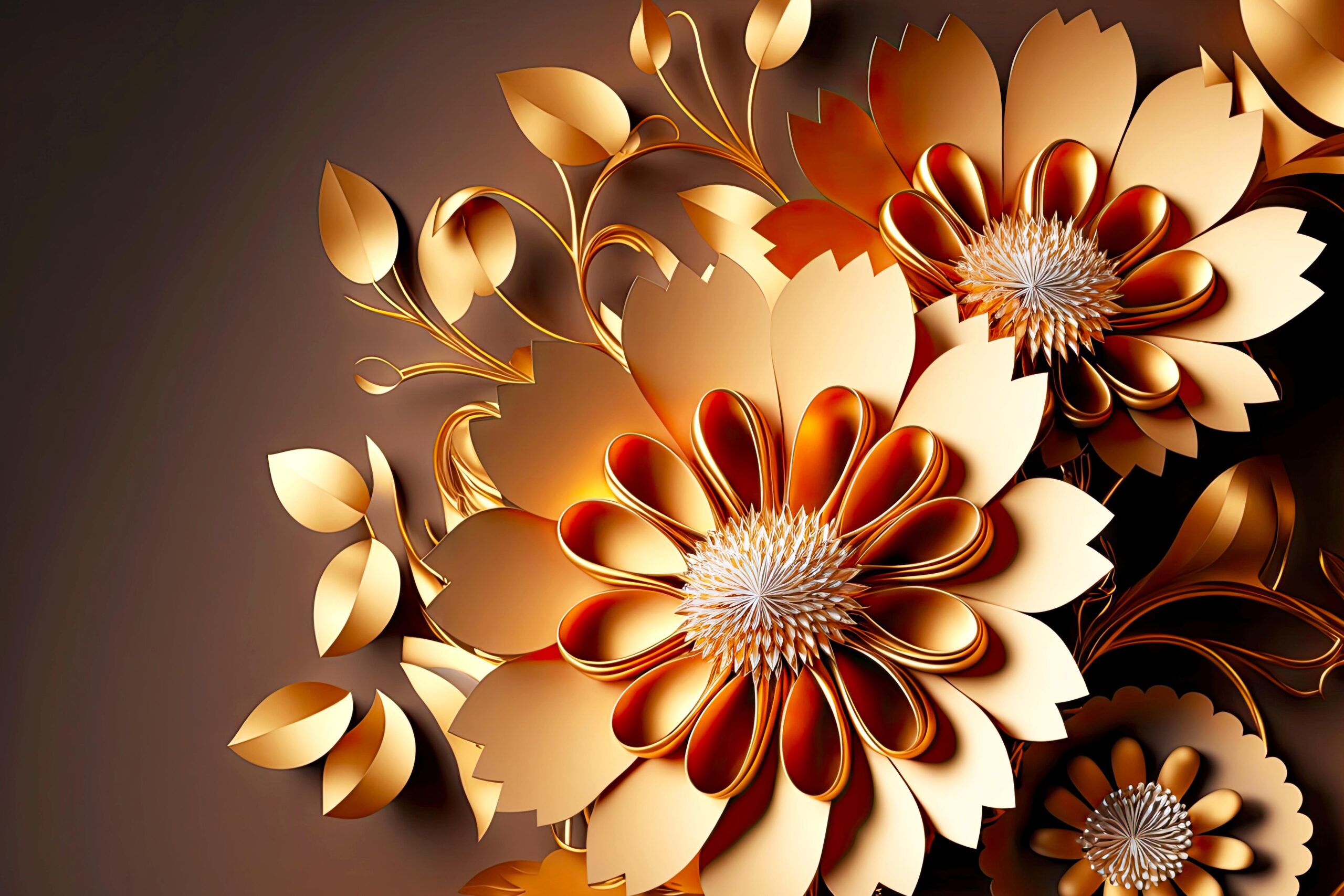 luxurious gold 3d rendering paper flowers as decor or craft background, generative ai
