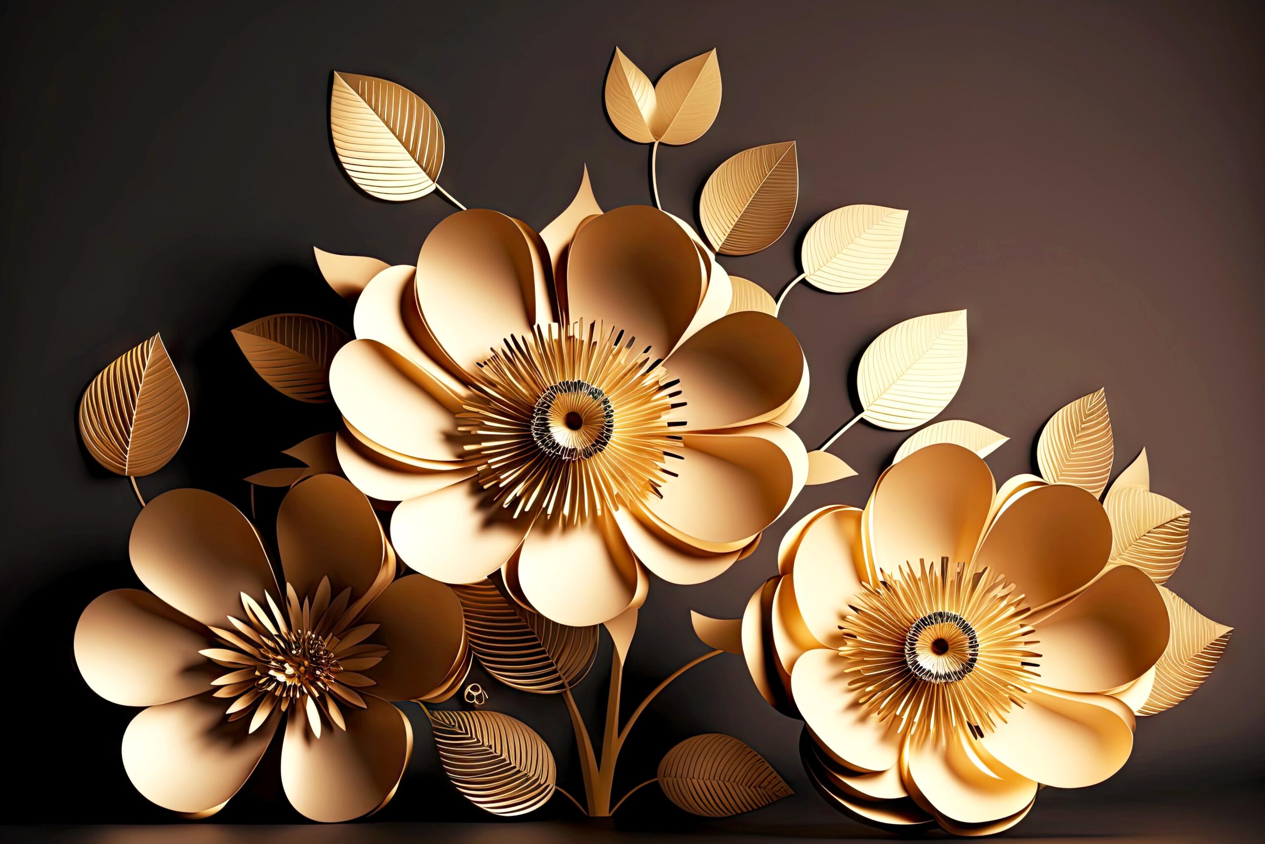 luxurious gold 3d rendering paper flowers as decor or craft background, generative ai