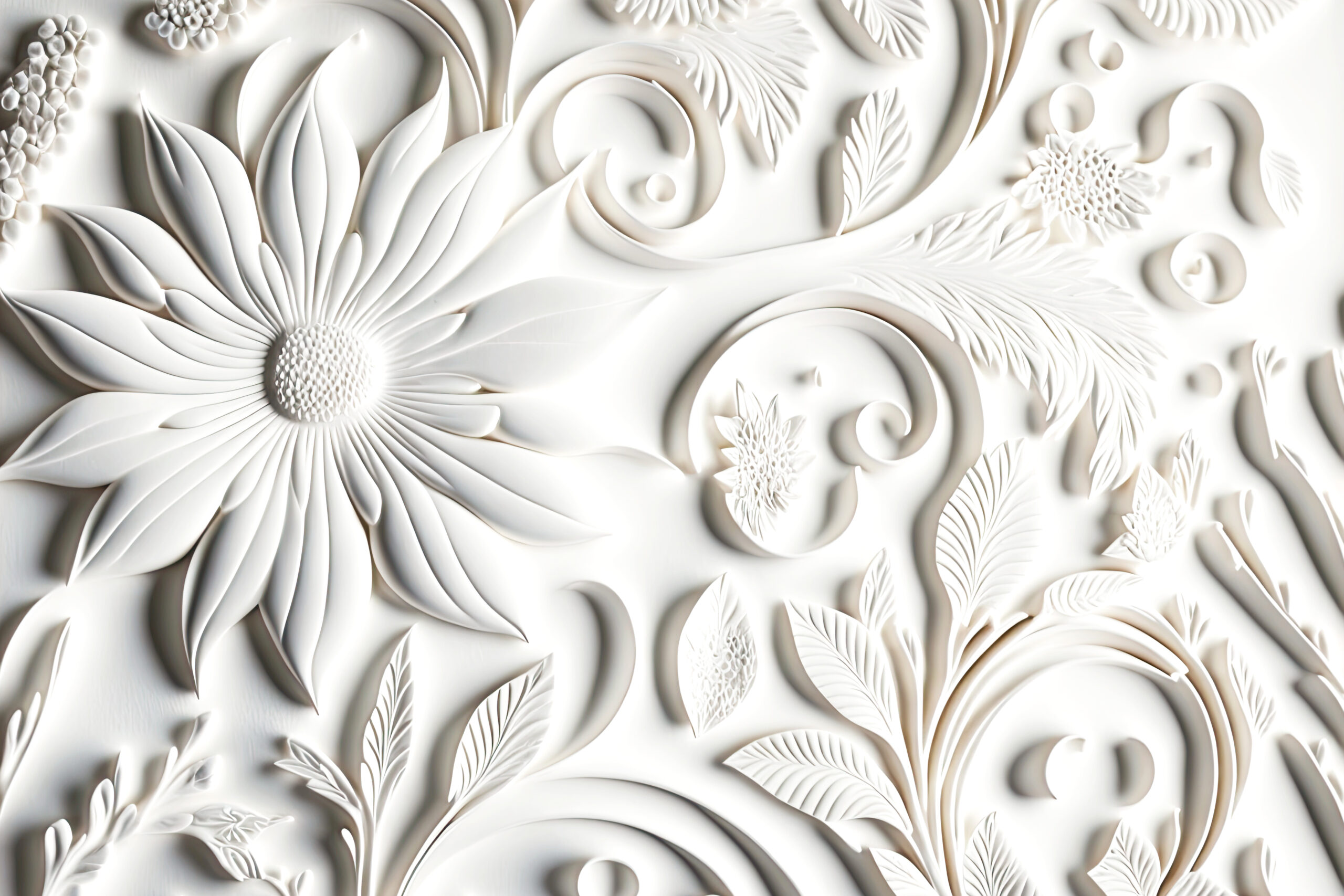 white bas-relief with graceful flowers and leaves as abstract floral pattern