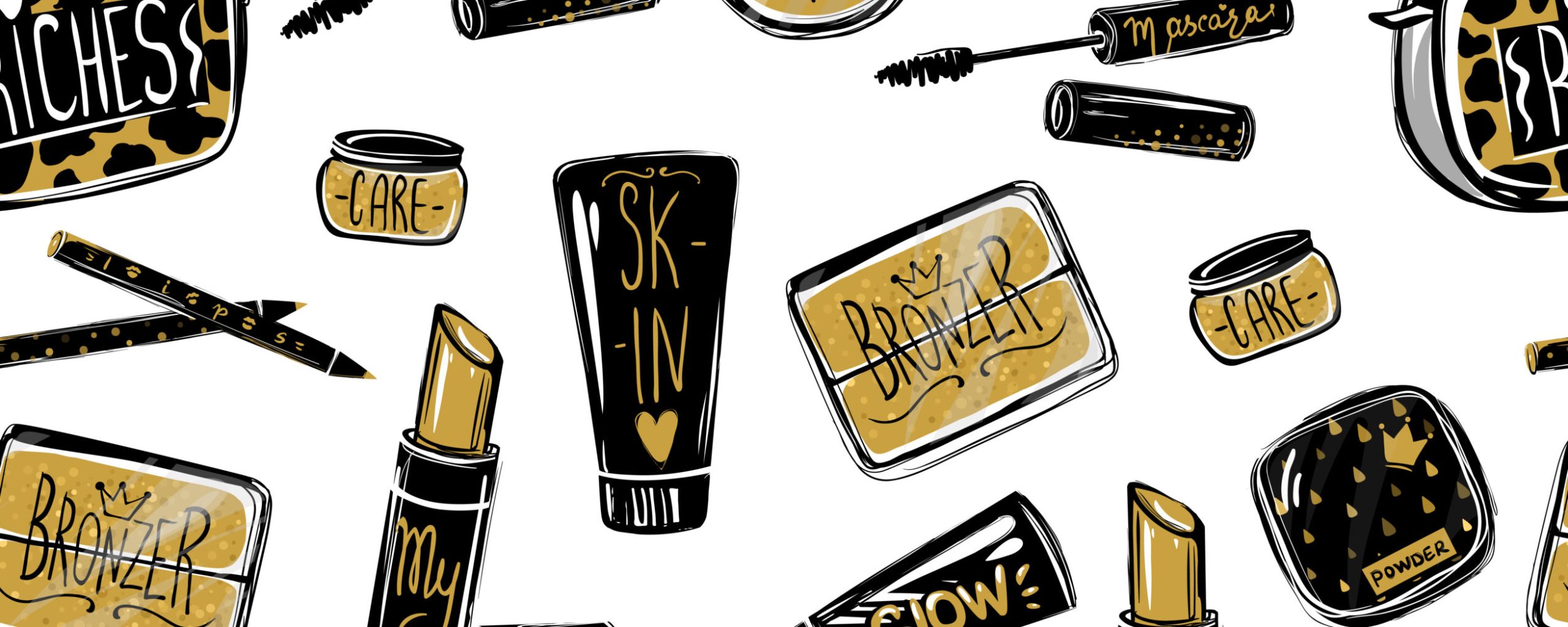 Seamless pattern with mascara, perfume,women's purse, lipstick,eye shadows,brush, powder, lip gloss, bronzer, skin cream. Vector cosmetics repeat background. Cute fashion illustration.