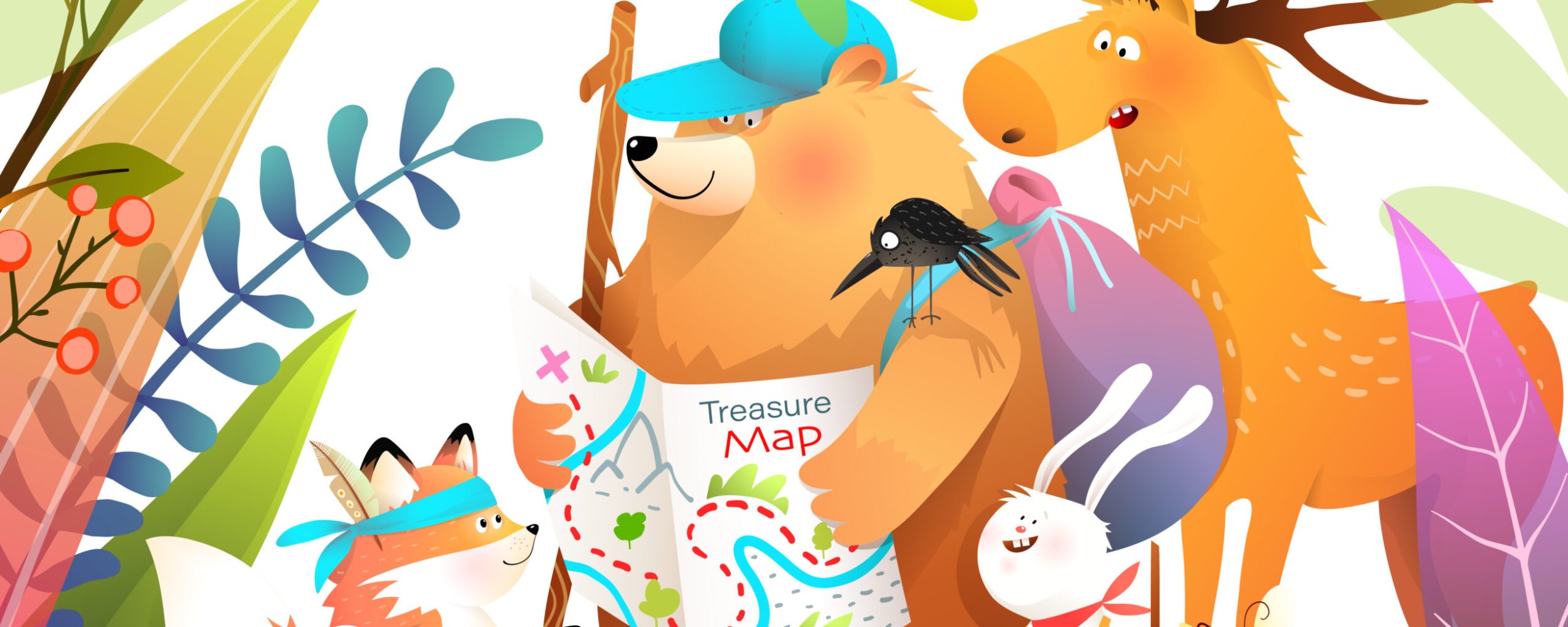 Group of animals friends in forest hiking with map, looking for treasures. Bear fox rabbit and moose adventures, cartoon for kids and children book. Vector illustration in watercolor style.