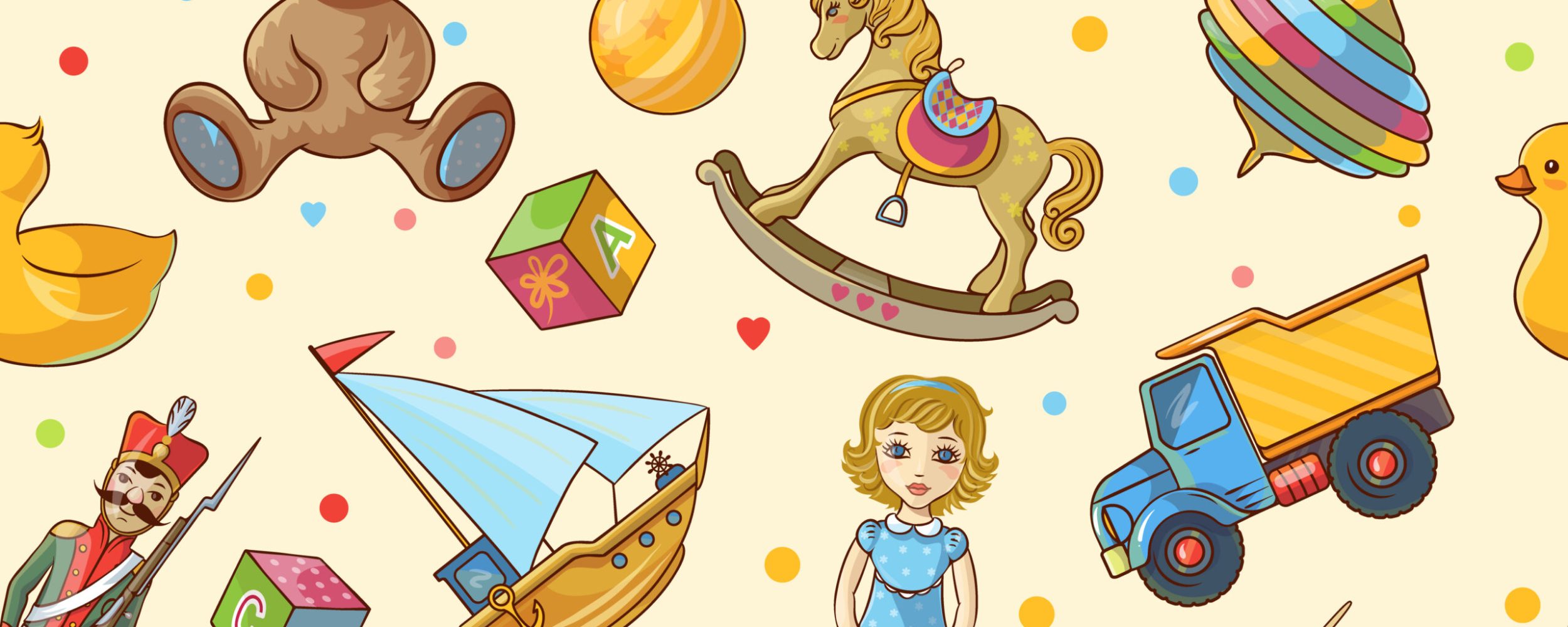 Kids toys seamless pattern with isolated colored different toys icon set on light yellow background vector illustration
