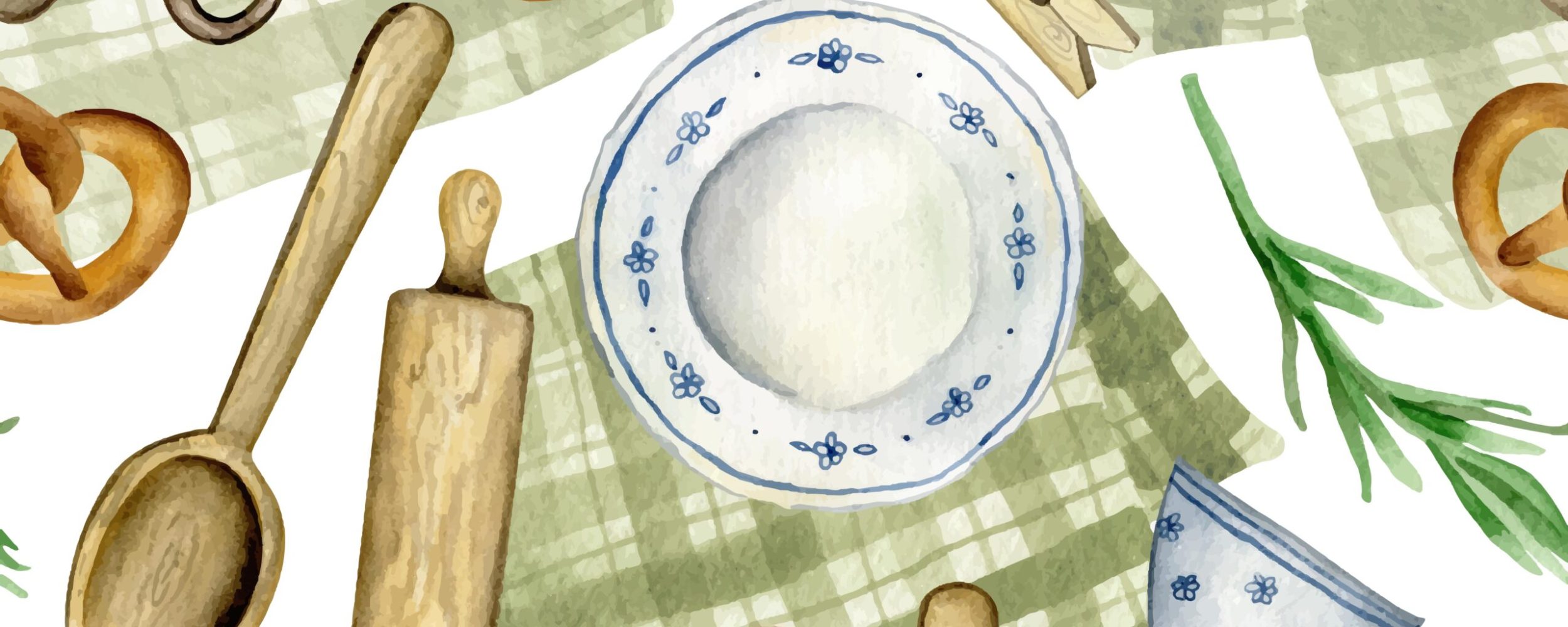 Watercolor kitchen pattern of vintage utensils in a rustic style