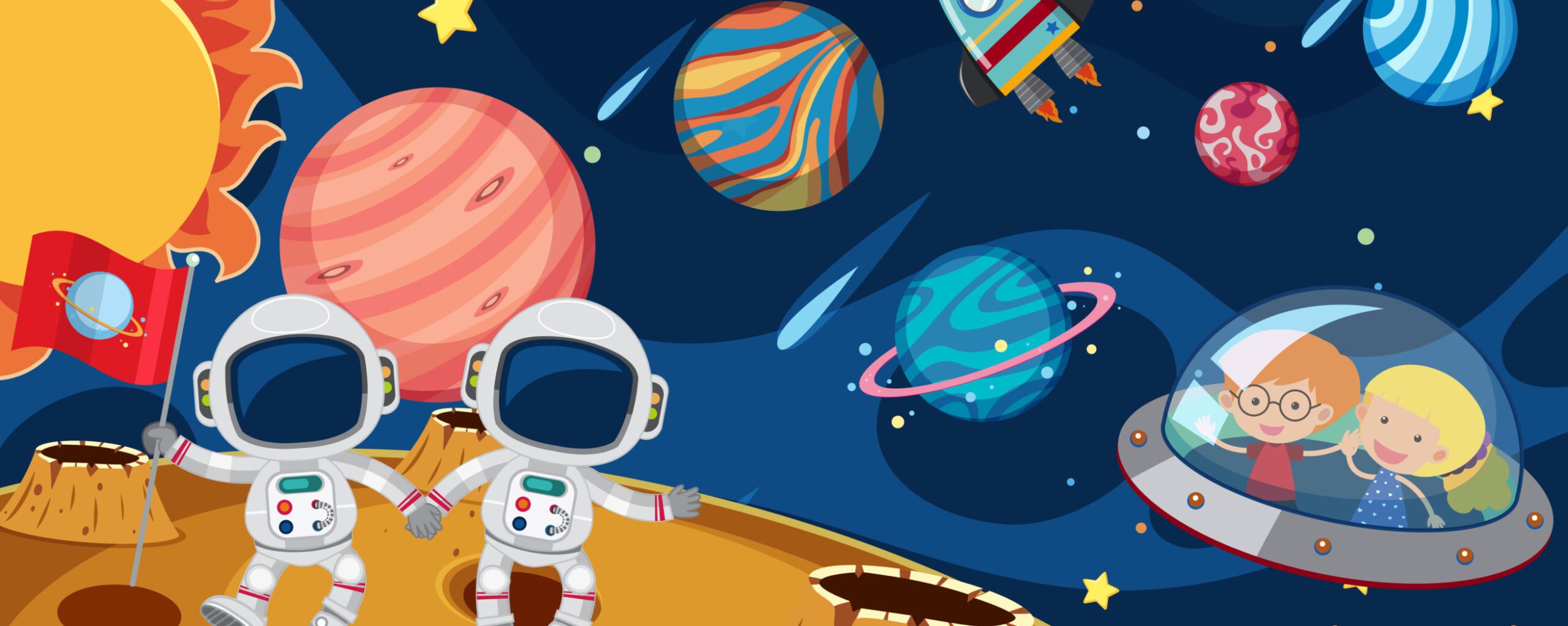 Astronauts and kids in UFO illustration