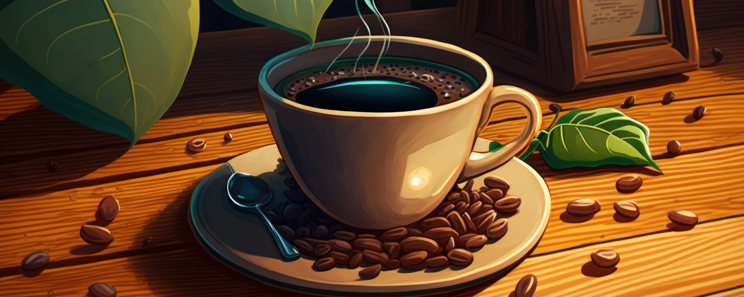 a wooden table with a coffee cup and beans